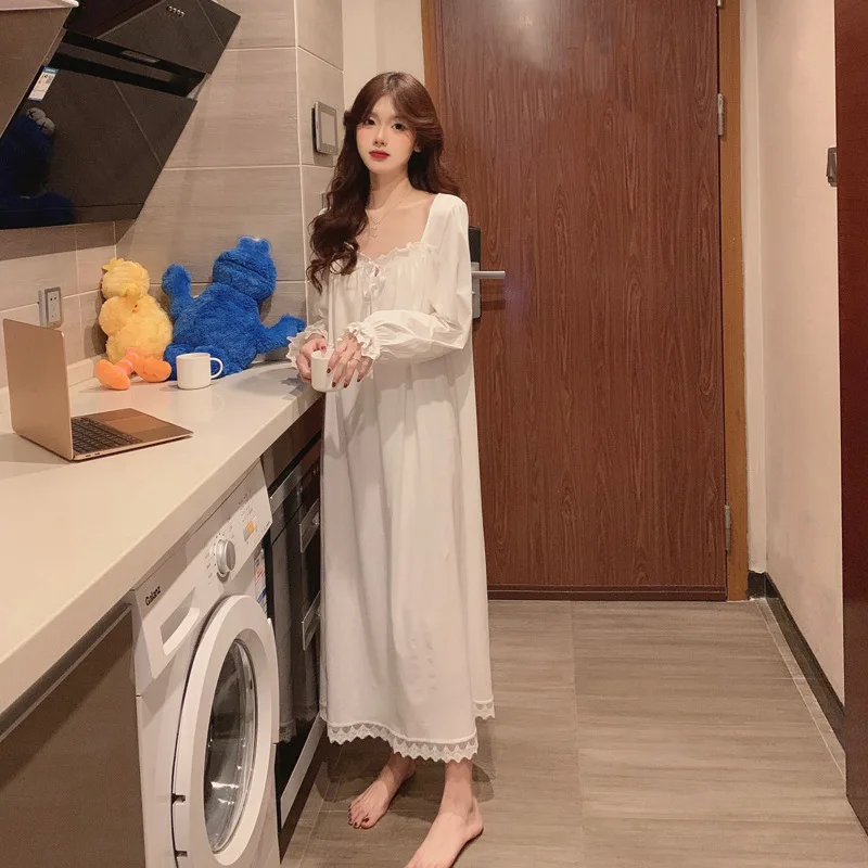 Women Nightgowns Long Sleeve Cotton Sleepwear Dress for Spring Summer