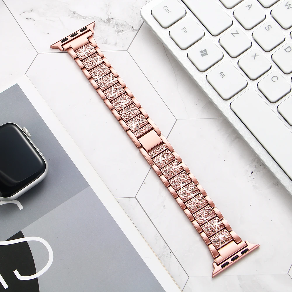 Для Apple Watch ремешок 40 мм 44 мм 38 мм 42 мм Женский бриллиантовый ремешок для Apple iWatch серии 5 4 3 21 браслет из нержавеющей стали ремешок для часов - Цвет ремешка: Pink gold