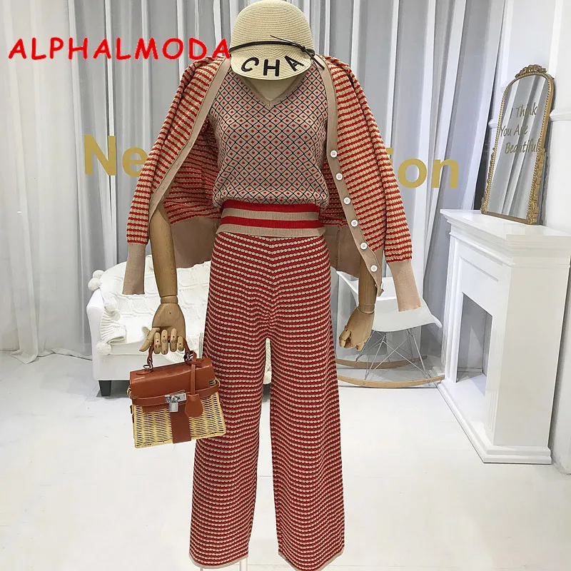 

ALPHALMODA New Colour Striped Cardigan Jacket + Suspender Vest + Side Slit Skinny Broad-legged Pants Women Early Autumn Outfit