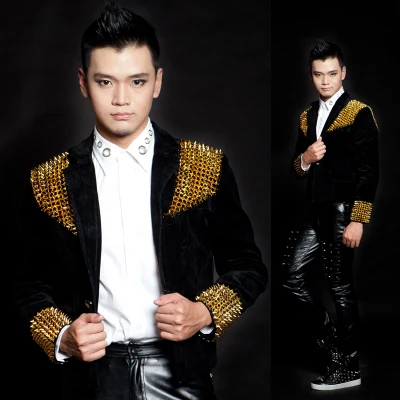 

Freeship rivet black mens bar/club/hip top jacket/stage performance,only jacket/Asia size