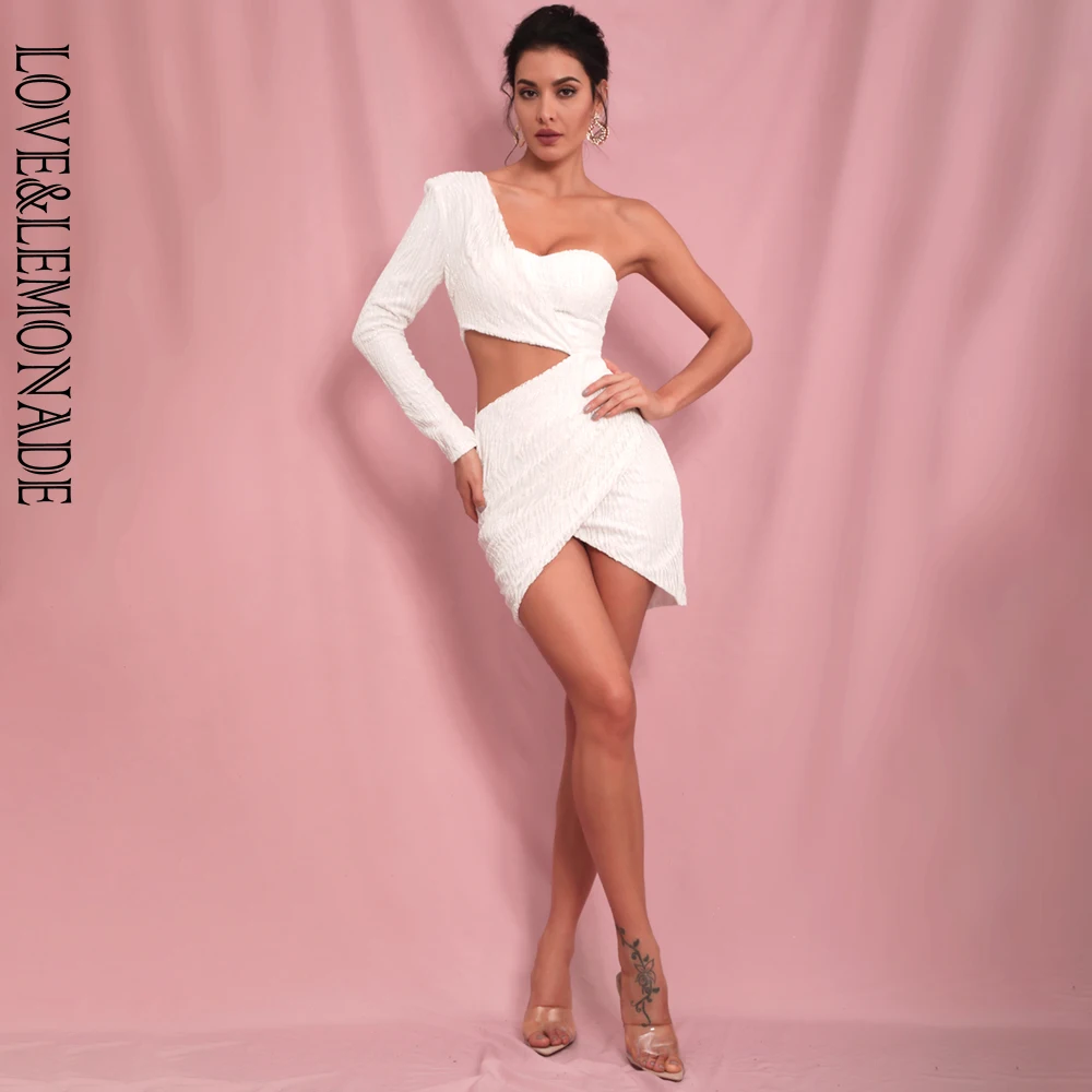 Love& Lemonade, сексуальное Белое платье с вырезами, с одним рукавом, блестящее, с клеевым бисером, материал, облегающее, вечерние платья, LM81650, осень/зима