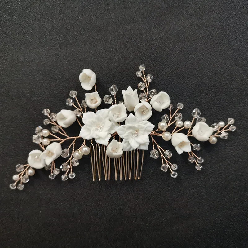 SLBRIDAL Стразы ручной работы жемчуг керамика цветок свадебный гребень для волос