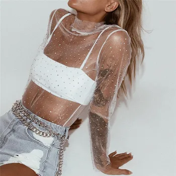 

Sexy Diamonds Mesh Cropped Tank Top Long Sleeve Women Summer Cover Up Bikini See Through Rhinestone Lace Up Party Club Crop Top
