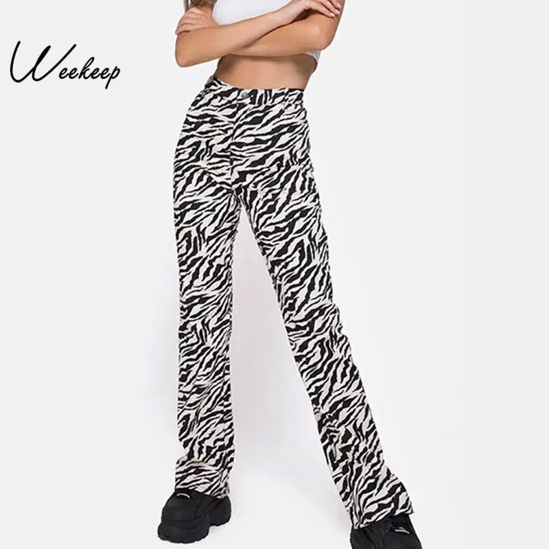 Weekeep Women Zebra Pattern Print Pants Casual Straight High Waist Trousers Women