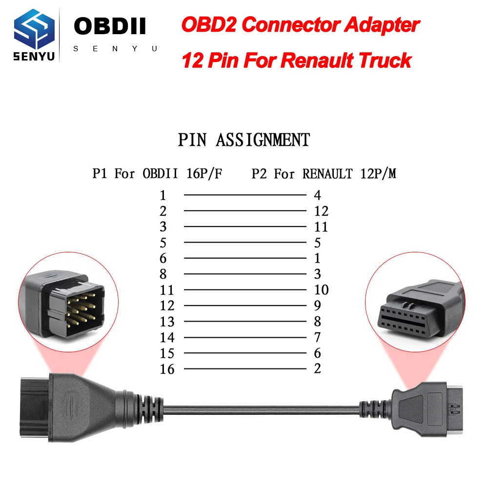 Renault adaptador para coche 12/ pines a 16/ pines OBD a OBD2/ Conector Conector