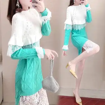 

TYJTJY Winter Clothes Sweater Women 2019 New Women's Knit Dress Waist Slimming Large Size Temperament White Lace Sweater Female