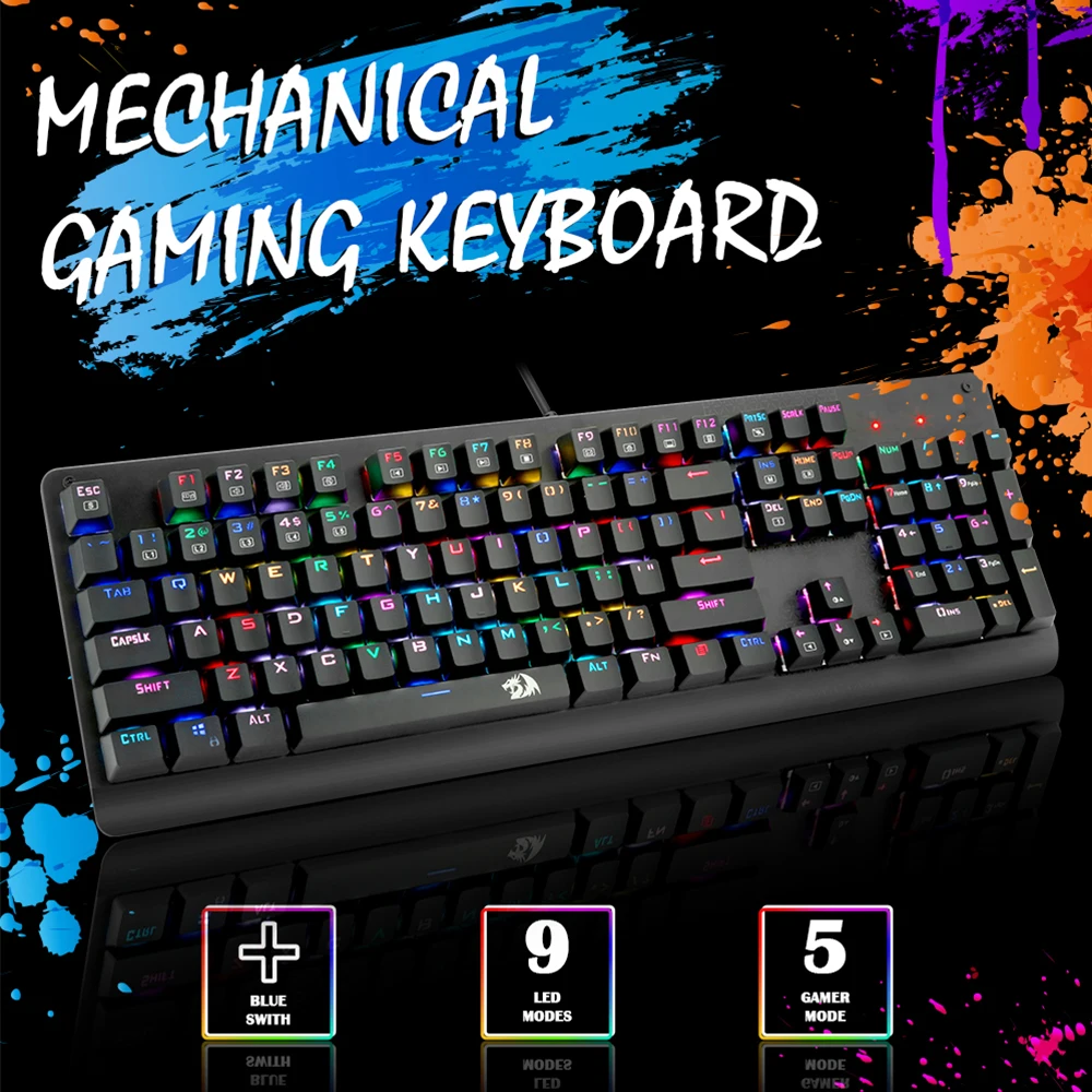 Redragon K581 RGB USB Mechanical Gaming Keyboard Blue Switch Led Backlit 104 Key Wired Computer Game FPS PUG Overwatch