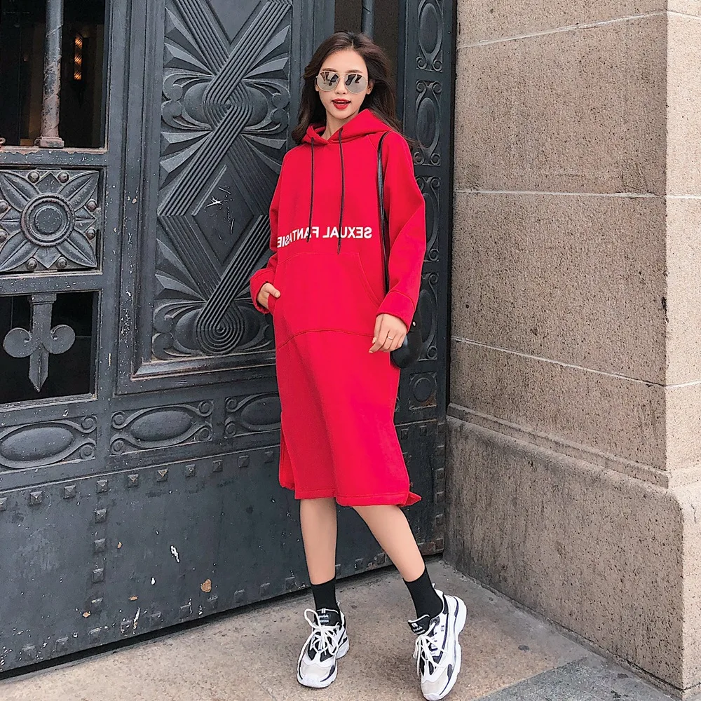 

Photo Shoot 2018 Winter New Style Korean-style WOMEN'S Wear-Style Retro CHIC-Style Long Hooded plus Velvet Hoodie Dress