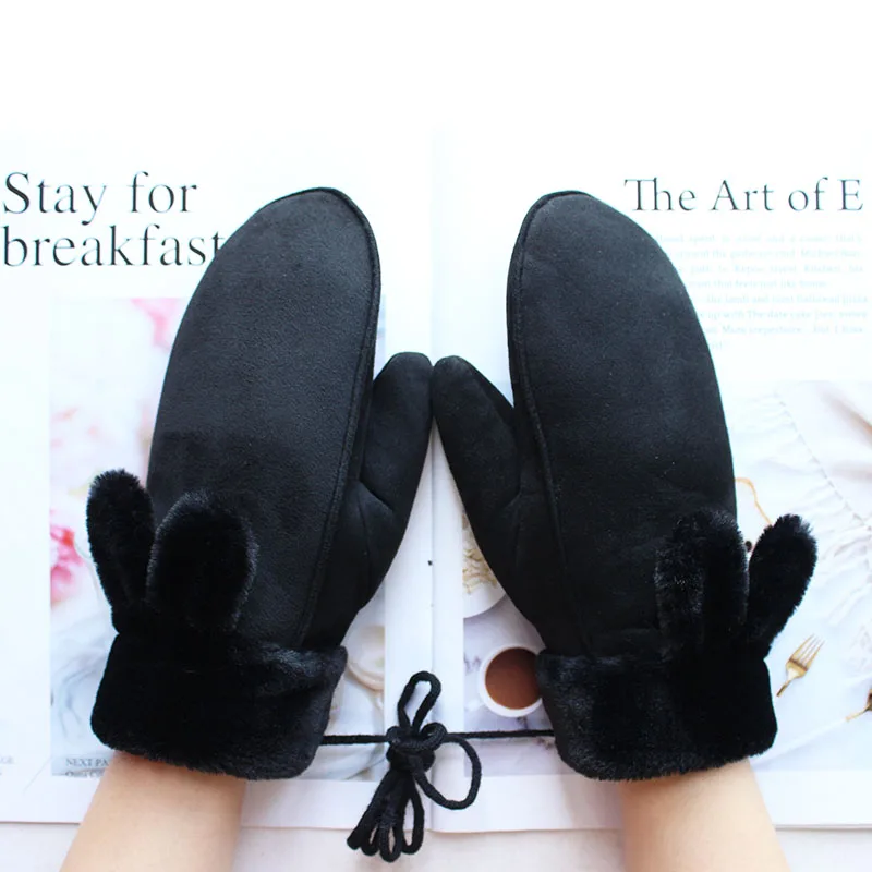 Winter Warm Suede Knitted Mittens Women's Color Plus Velvet Thickening Outdoor Windproof and Cold-Proof Girl Student Gloves