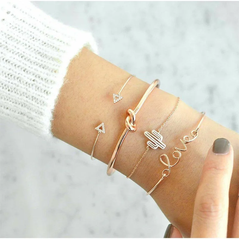 

AIDEVER Fashion Multilayer High Quality Jewelry Gift Cactus LOVE Triangle Jewelry Gold Alloy Bangle Luxury Design Bracelets