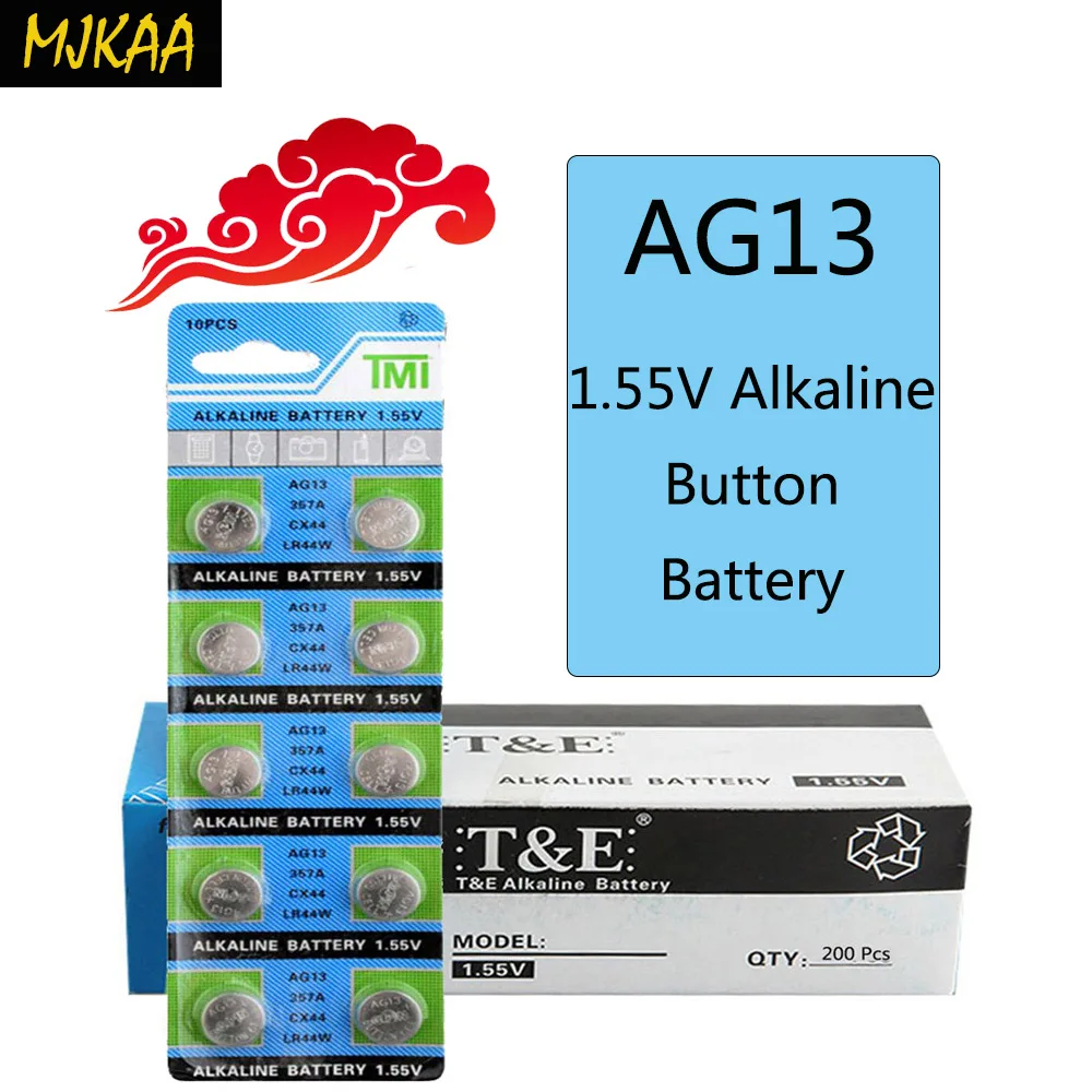 200Pcs=20Card MJKAA 1.55V Alkaline Battery AG13 LR44 357A S76E G13 Button Coin Cell Batteries For Watch, Toy