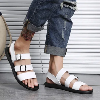

Men's sandals 2019 summer open toe new casual shoes white soft bottom rivet leather youth trend men's shoes unisex sandals 236