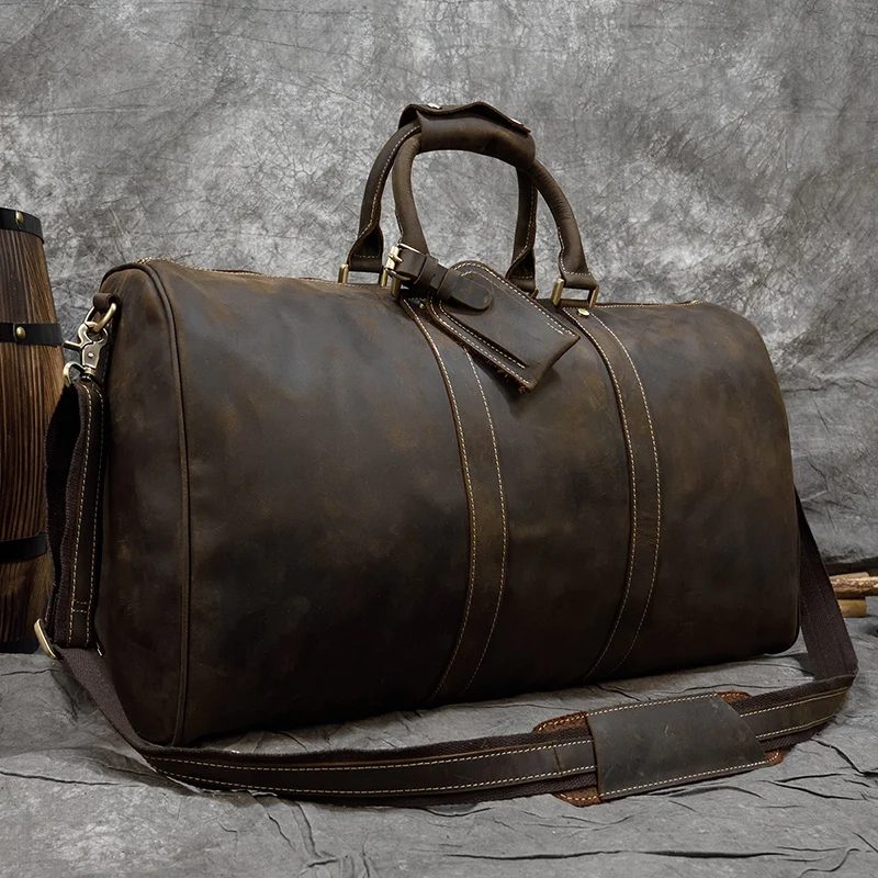 60cm Vintage Mens Real Leather Travel Weekender Overnight Travelling Handbag For 3 days Business