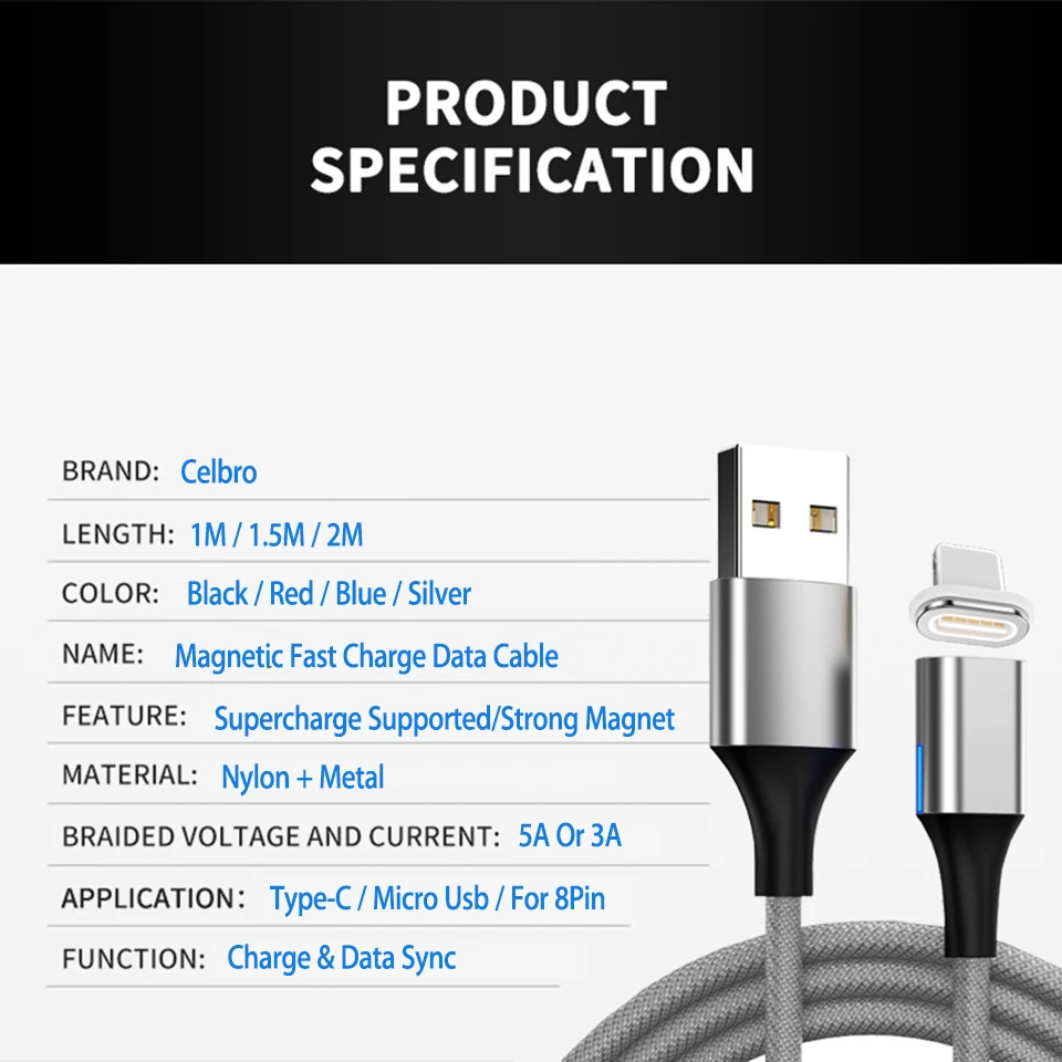 Магнитный зарядный Usb кабель 1 5/2 метра Micro Type C 5A магнитный для быстрой зарядки и