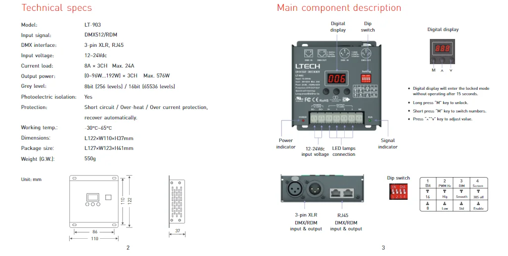 DMX-PWM декодер; DC12-24V вход; 8A* 3CH Max 24A 576 Вт Выход XLR-3/RJ45 порт 3 канала RGB полоса DMX512 декодер LT-903