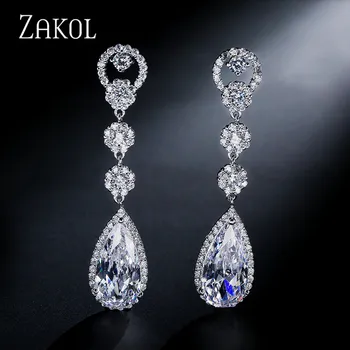 

ZAKOL Fashion Water Drop Cubic Zirconia Crystal Long Dangle Drop Earrings Bridal Wedding Jewelry For Elegant Women FSEP311