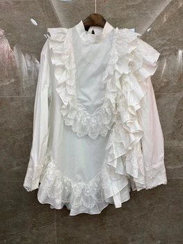 

2020 Spring and Summer New Women's round Neck Fungus Ruffles Stitching Lace Decorative Long Sleeve All-Match Shirt 630