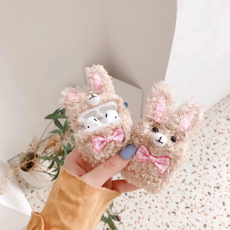 Luxury cute winter plush rabbit Cartoon Earphone Headset Accessories silicone case For Apple Airpods 1 2 Bluetooth cover