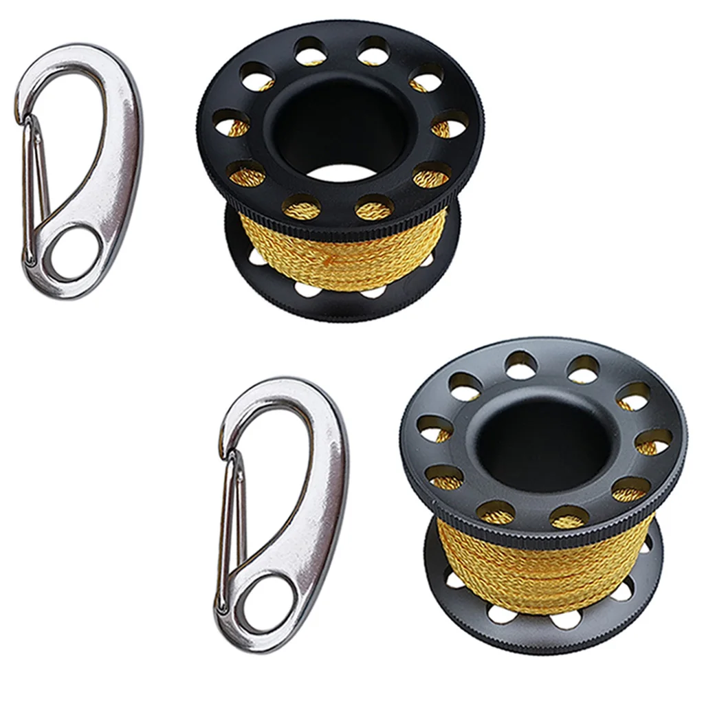 2 Sets Water Finger Spool Scuba Finger Reel With Stainless Steel Wreck Clip 10m/32.81feet Yellow Line(Gray&Black)