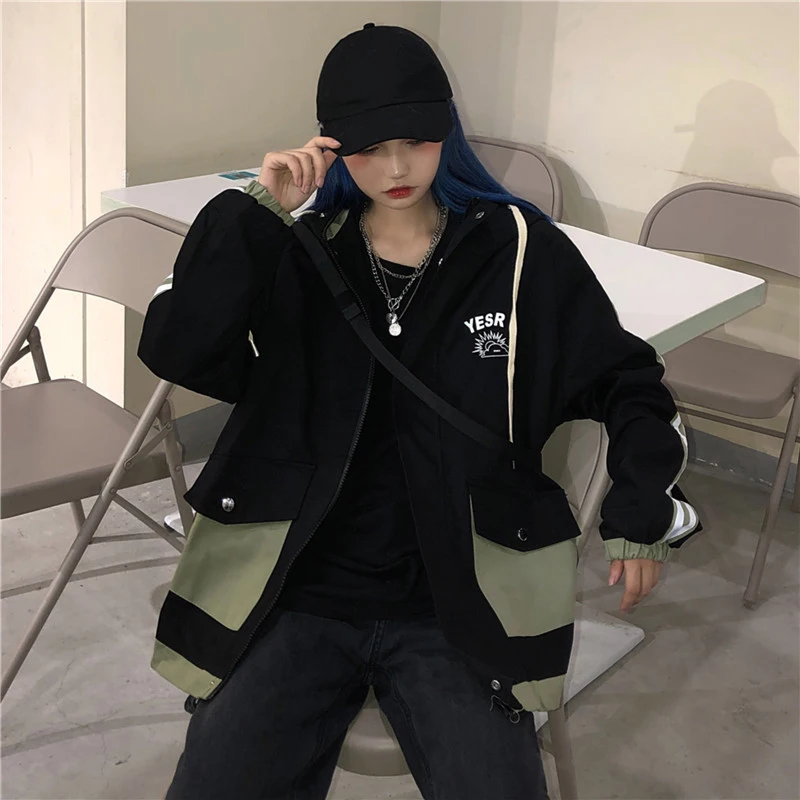 Neploe Korean Ins Harajuku Style Tooling Jacket Women Loose Bf Style Hooded Big Pocket Chaqueta Autumn Patchwork Casual Coat