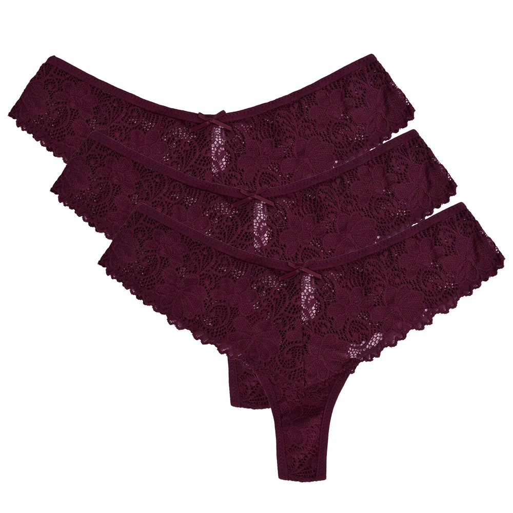 3 wine red LITTHING 3 шт., новинка, сексуальные черные женские трусики, сексуальные кружевные V-string трусы, трусики, стринги, нижнее белье, женское нижнее белье - Цвет: 3 wine red