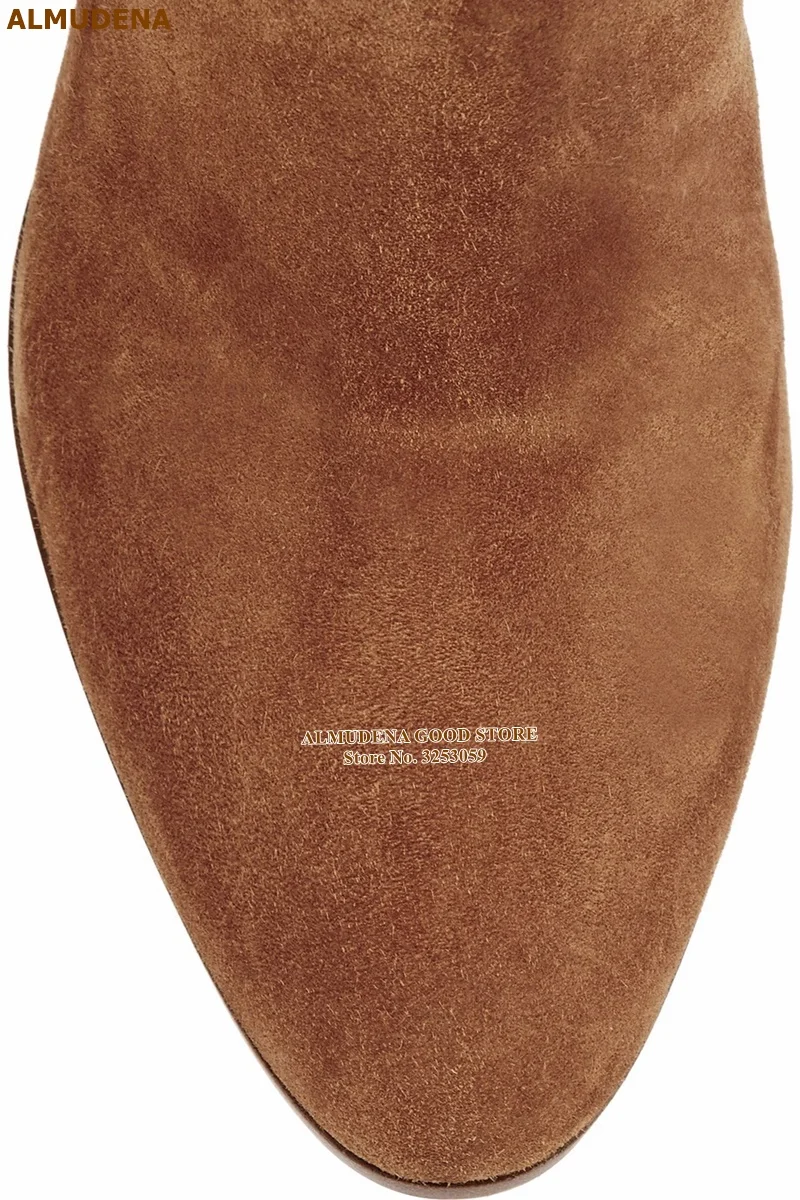 ALMUDENA/коричневые замшевые сапоги с высоким голенищем на не сужающемся книзу массивном каблуке; высокие сапоги для ночного клуба; сезон осень-зима; гладиаторы; большие размеры 46