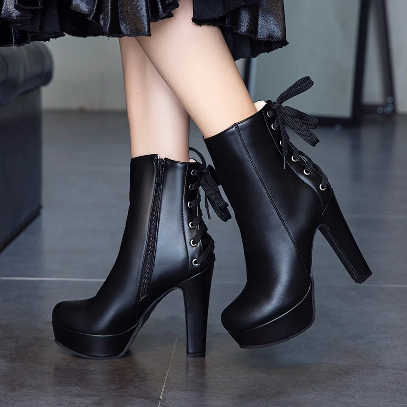 

New 2019 Fashion Women Ankle Boots High Heels Platform Motorcycle Boots Fashion Lace-up White Black Ladies Shoes 569