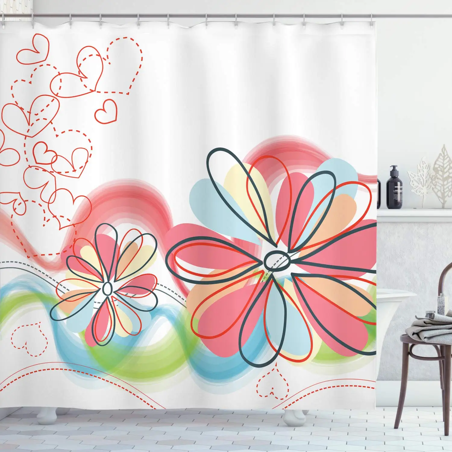 

Colorful Shower Curtain, Floral Haze Pattern with Heart Love Spring Influences Work of Art, Cloth Fabric Bathroom Decor Set with