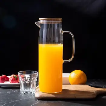 

1400ML Large Clear Glass Jug Cool Water Pitcher Cold Kettle With Bamboo Lid Household Milk Juice Drinks Container