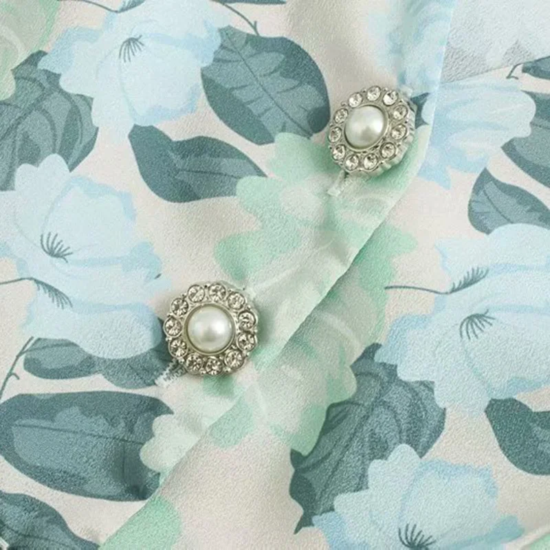 Винтаж стильный принт ювелирные кнопки короткие Стиль блузки Для женщин Мода V образным вырезом рубашки с буфами на рукавах Blusas Mujer шикарные топы
