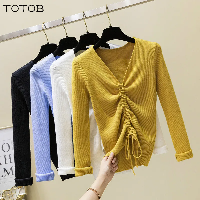 

New 2019 Spring Drawstring V Neck Sweater Women Ruched Knitted Pullover Women Sweaters And Pullovers Knit Jumper Ladies Sweater