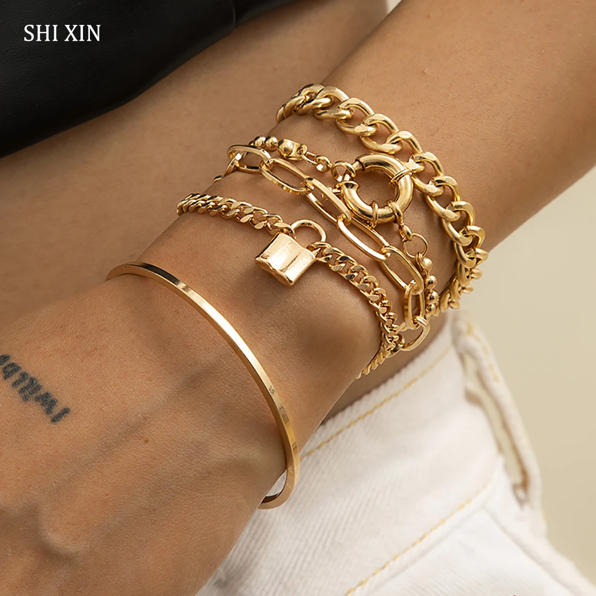 SHIXIN 5 Pcs Punk Chain Bracelets Bangles Set for Women Thick Gold/Silver Color Charm Lock Bracelets Fashion Hand Chains Jewelry