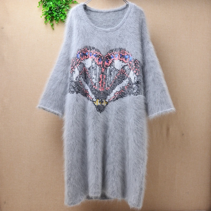 

Femme women thicken fashion sequins long angora rabbit fur o-neck bottoming long sleeves loose pullover blouses sweater dress