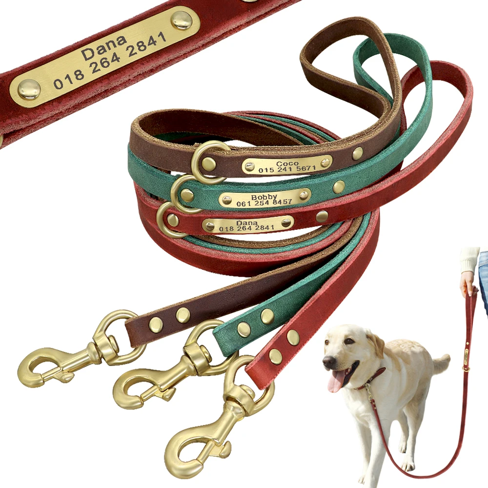 120cm Dog Leash Custom Leather Dog Leash Nameplate ID Tag Collar Lead