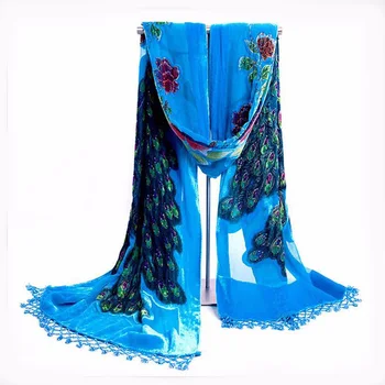 

Lakeblue Chinese Women's Velvet Silk Beaded Sequined Embroider Peacock Scarves Shawl Scarf Wrap Long Fringle Pashmina Stole 1102