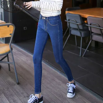 

Women pants 2019 Full Skinny Button Pockets High Flat Pencil Pants plus size Solid black and white blue long pants 5095 50