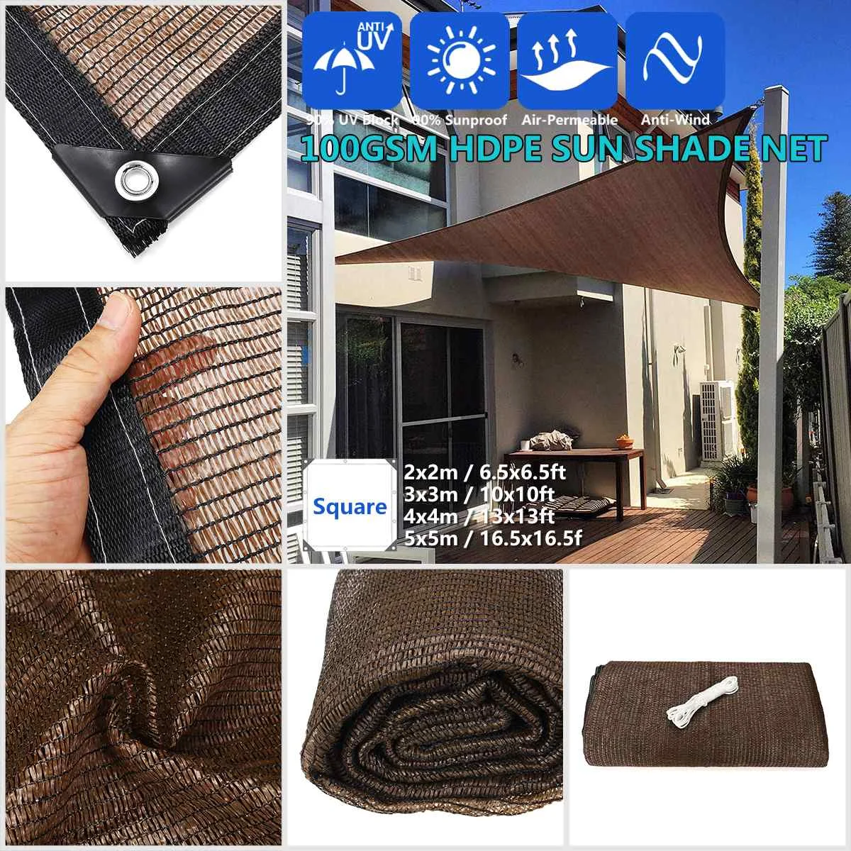 2x2m 100GSM HDPE Square Sun Shade Sail Anti-UV Outdoor Patio Garden Tent Sunshade With 5m Rope