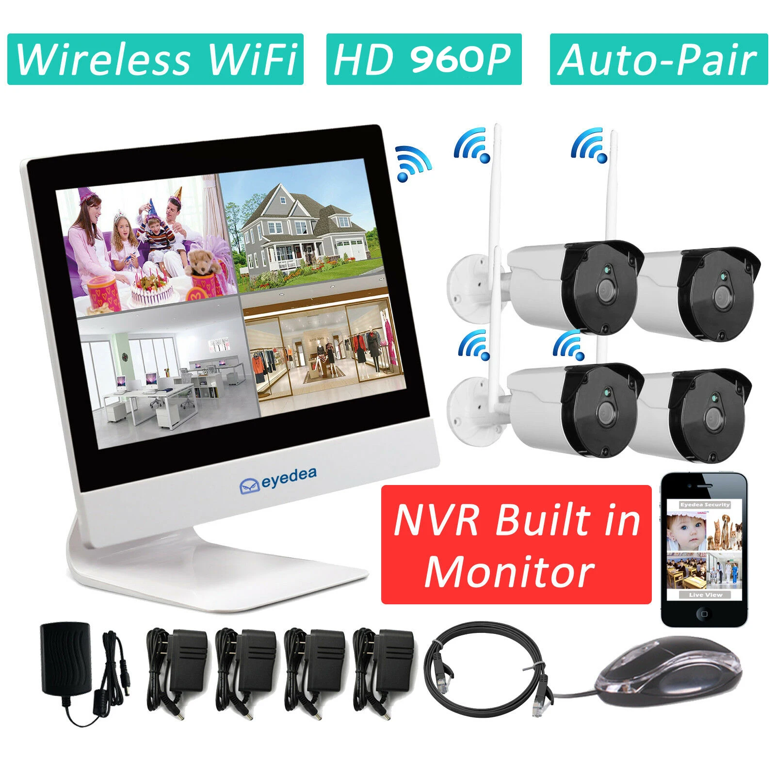 

Eyedea 4CH Wireless 1080P NVR Kits 10" LCD Monitor Audio WIFI 1.3MP Outdoor Waterproof CCTV Security Surveillance Camera System