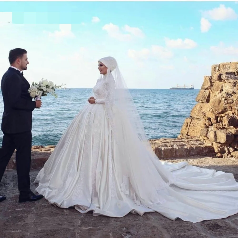 

Lace Wedding Dresses Long Sleeves Bridal Gowns High Neck Muslim Vestido De Novia Illusion Lace Tulle Ball Gowns Robe de Mariage