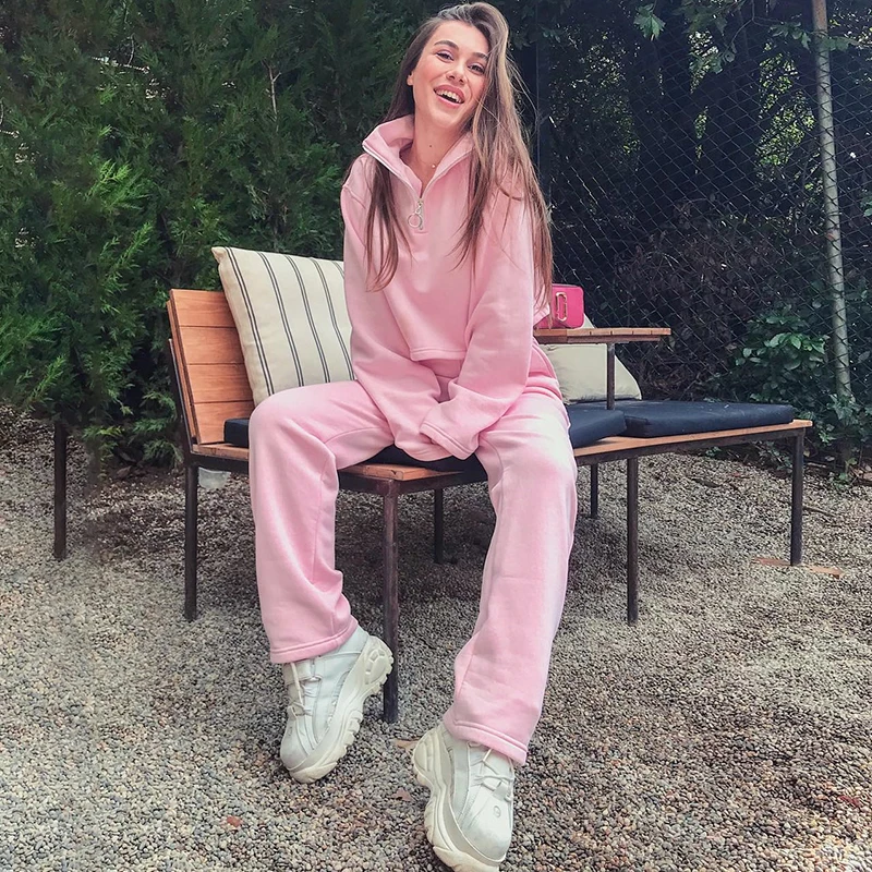 

2019 Explosion Models Autumn And Winter New Solid Color Loose Version Lapel Long-sleeved Elastic Waist Street Ladies Two-piece