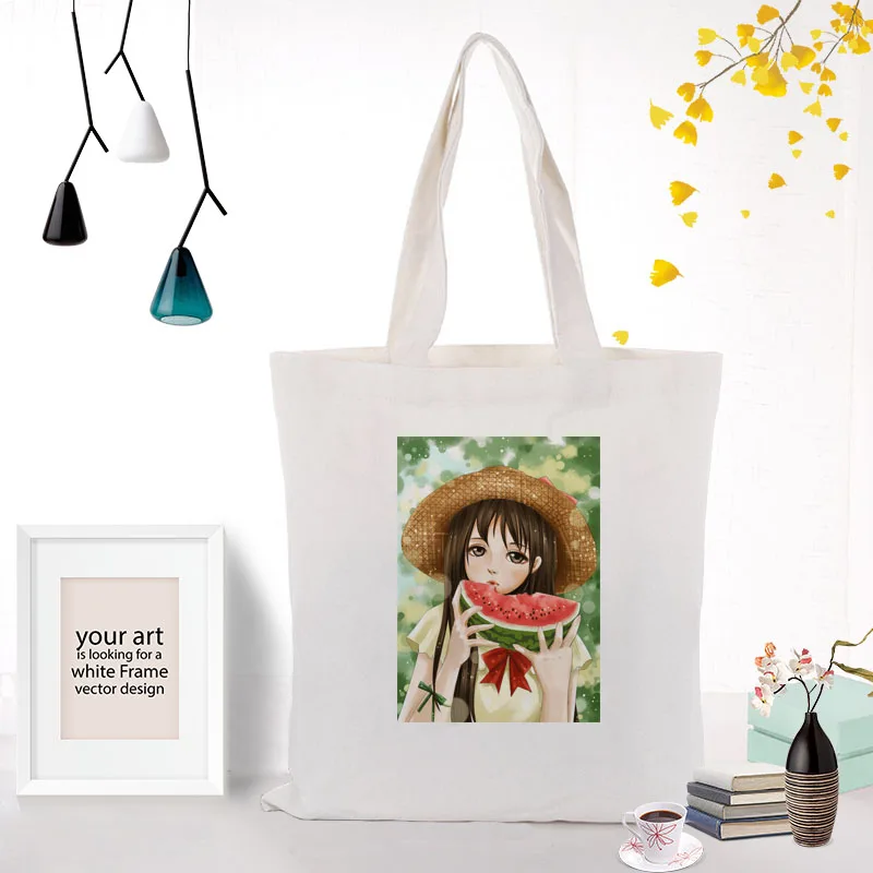 Мультяшная девушка Холст Tote сумки на плечо сумки повседневное использование хозяйственная сумка пользовательский принт логотип DIY эко