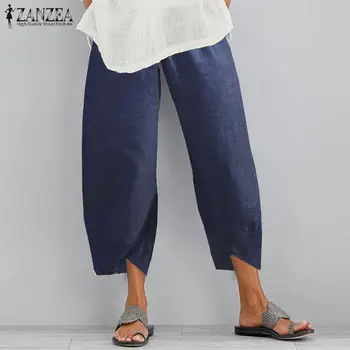 

2020 Summer Denim Blue Asymmetrical Pants ZANZEA Vintage Solid Long Trousers Women Elastic Waist Harem Pants Pantalons S 5XL