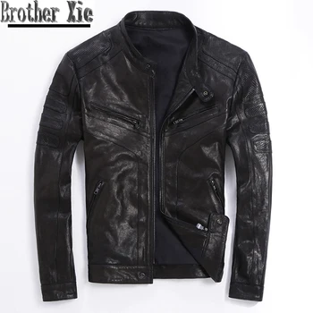 

Autumn Quality Goat Skin Genuine Leather Vintage Motorcycle Biker Jackets Men's Black Slim Real Leather Jacket Coats Cool Men