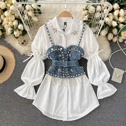 Summer 2023 New Blouse Women's Diamond Beaded Puff Sleeve Blusa Top Tassel Pearl Sling Waistcoat Two-piece Sets Stacking Shirt