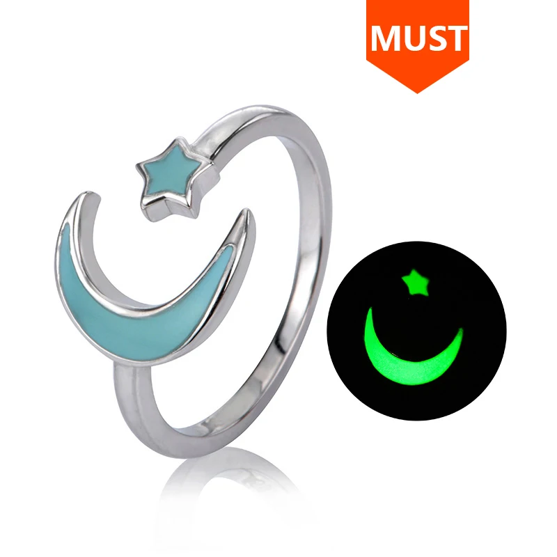 SG authentic 925 sterling silver moon star glowing open size ring adjustable fashion jewelry making for women gifts | Украшения и