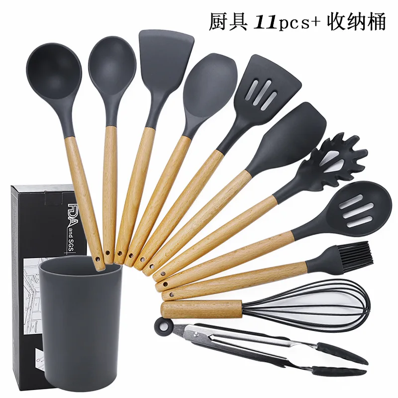 11pcs Silicone Cooking Tools Set Kitchen Utensil Set Household Wooden Koken Gereedschap Met Opbergdoos Turner Tang Spatel Turner - Цвет: 2