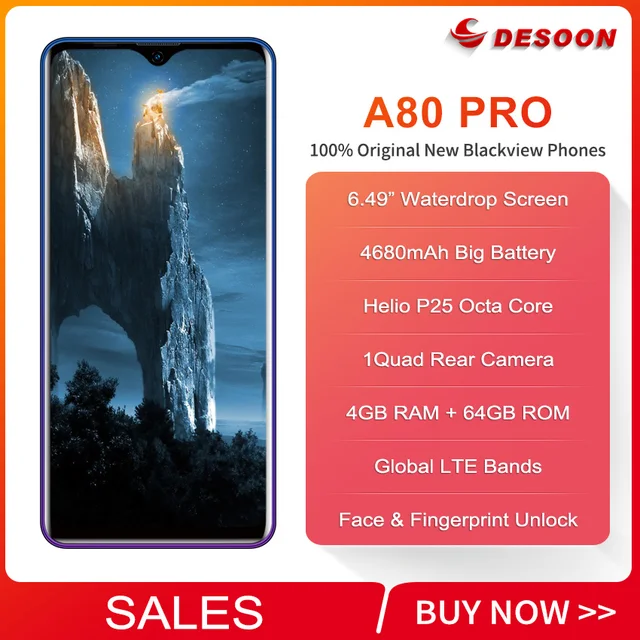 Global Version Blackview A80 Pro A80 Plus 6.49" Quad Rear Camera 4GB 64GB Mobile Phone 4680mAh Octa Core Android 9.0 Smartphone 2