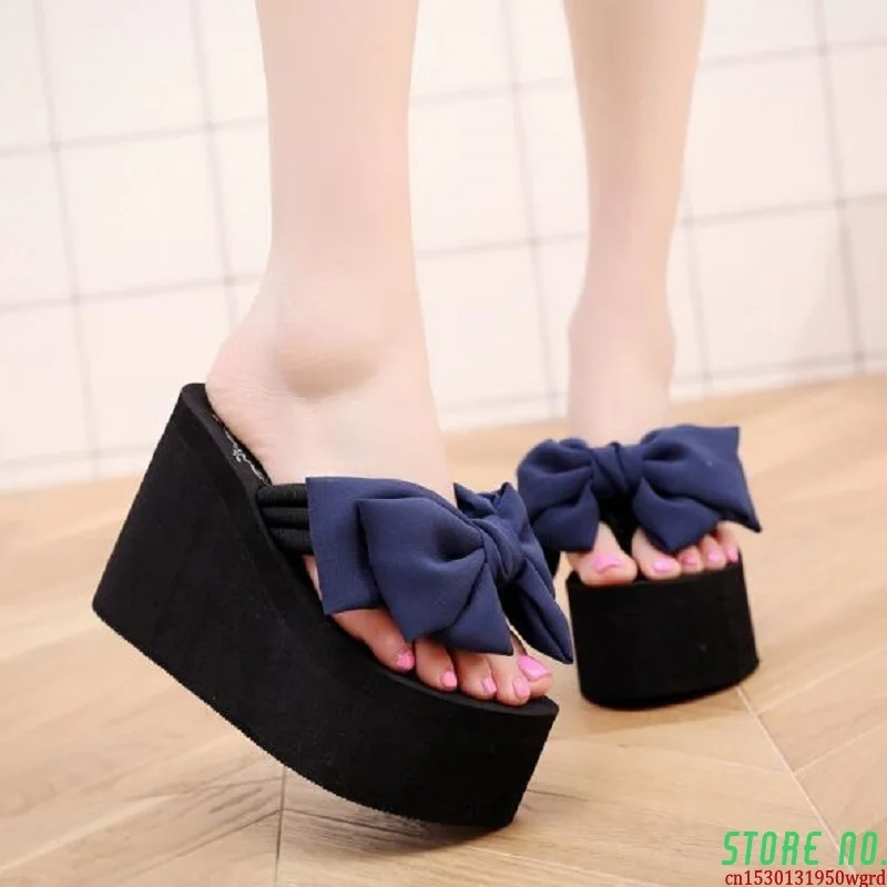 

2019 Korean Style Summer 11 CM Super High Heels Platform Women Flip Flops Butterfly Bowknot Beach Shoes Antiskid Slippers