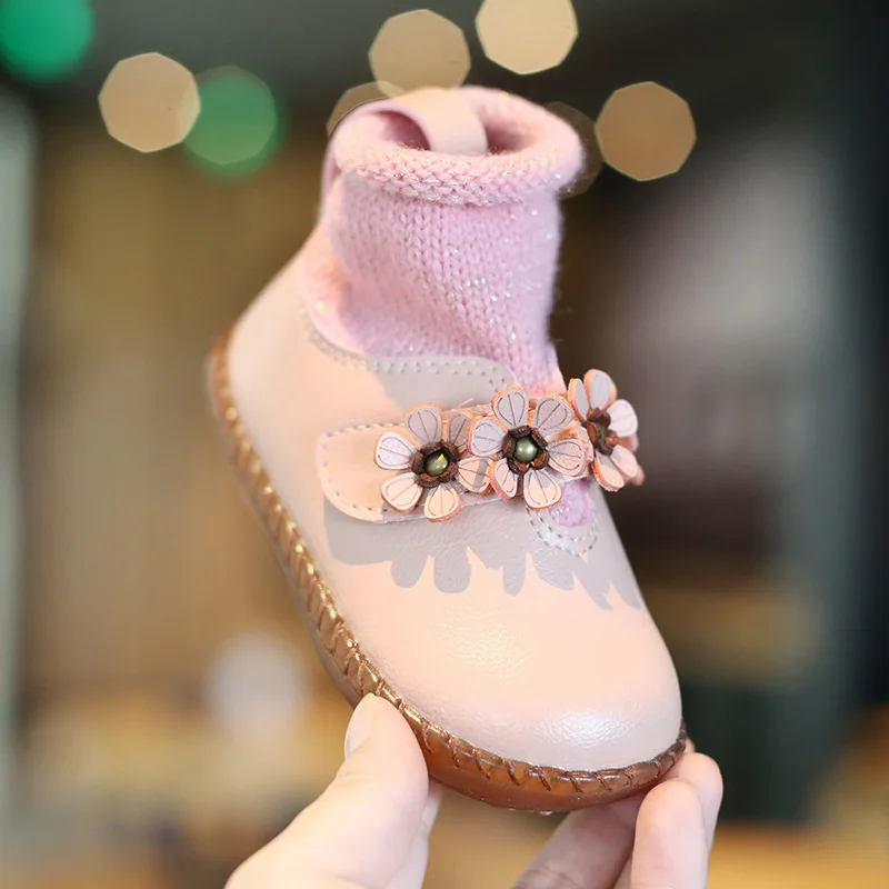 COZULMA/детская повседневная обувь на застежке-липучке с цветочным принтом; сезон осень-зима; детская обувь на плоской подошве с нескользящим ремешком в стиле пэчворк для девочек; размеры 21-30 - Цвет: Розовый