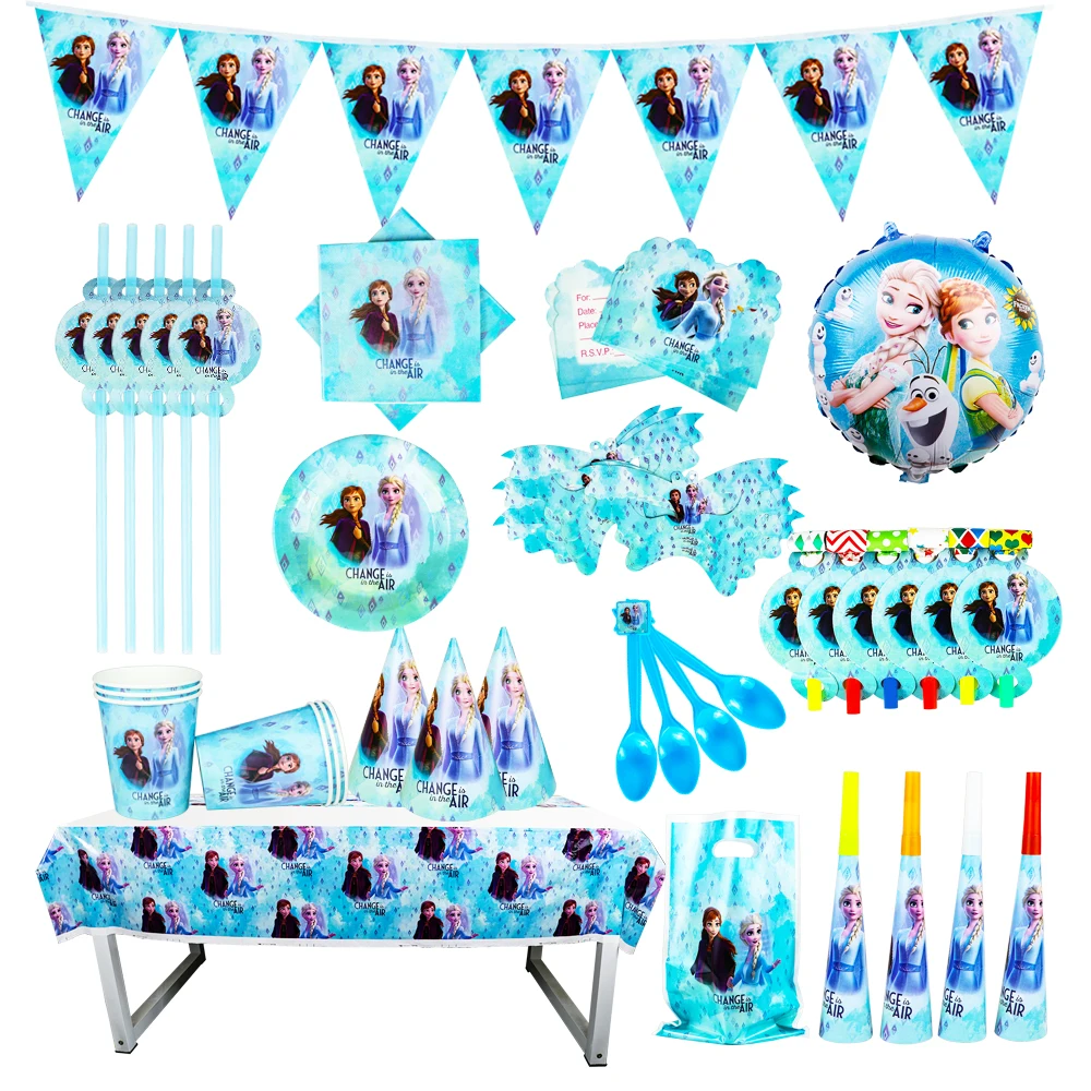 

Disney Frozen2 Kids Birthday Party Balloon Paper Cups Plates Straw Bags Tablecloth Baby Shower Disposable Tableware Sets